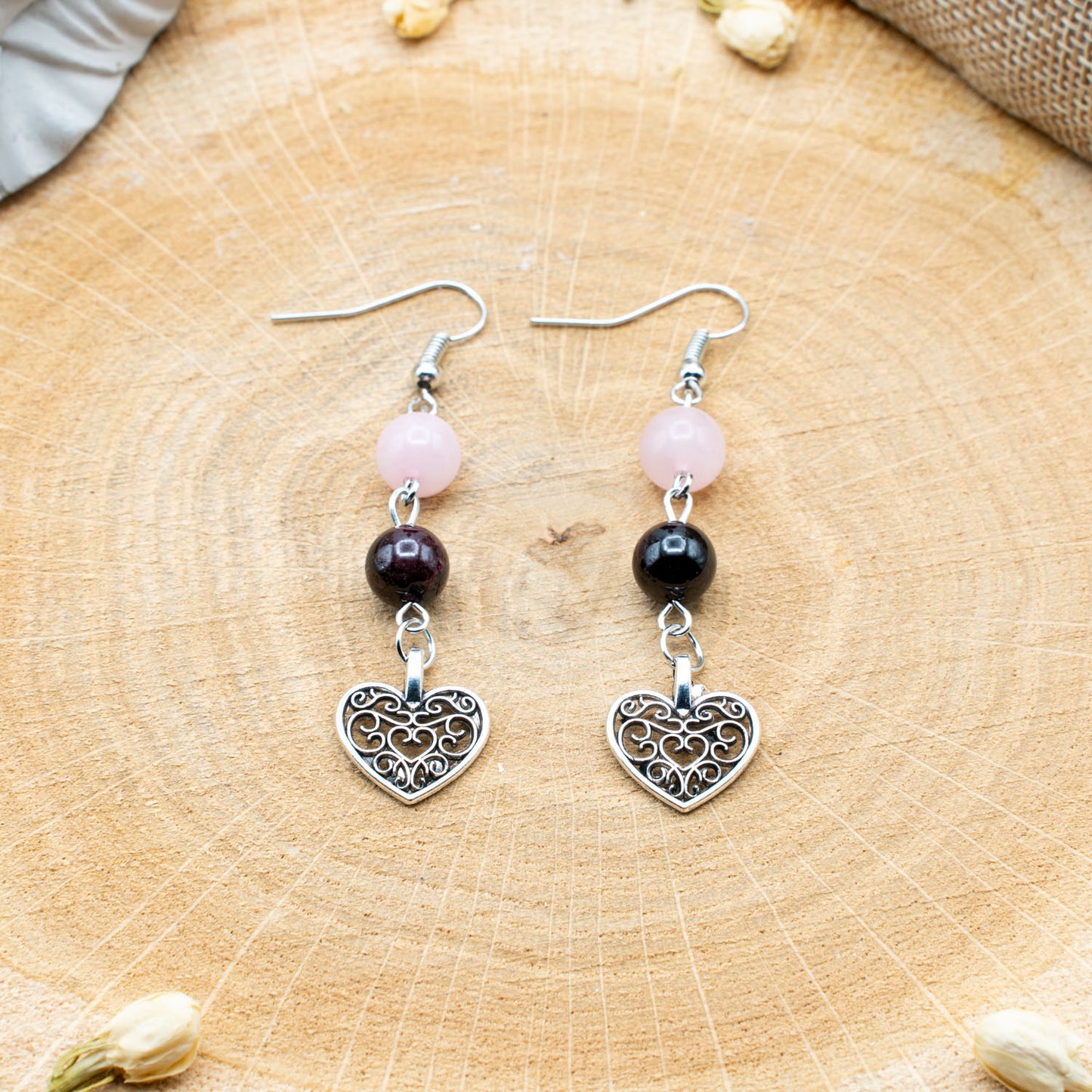 Quartz Rose & Grenat avec Cœur - Boucles d'Oreilles