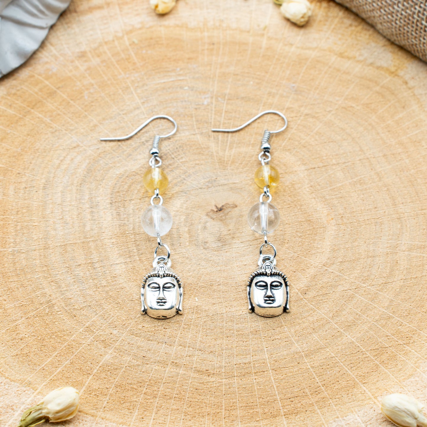 Citrine & Cristal de Roche avec Bouddha - Boucles d'Oreilles