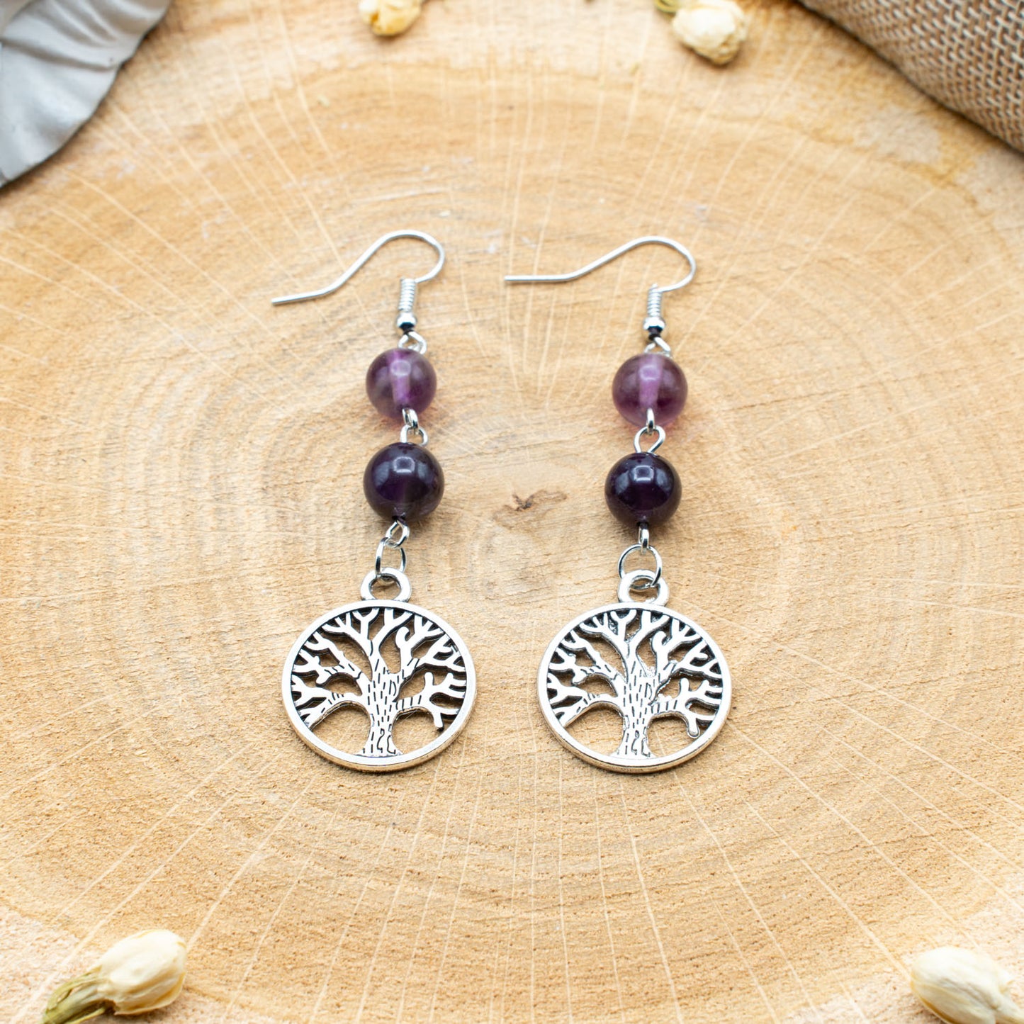 Fluorite & Améthyste avec Arbre de Vie - Boucles d'Oreilles