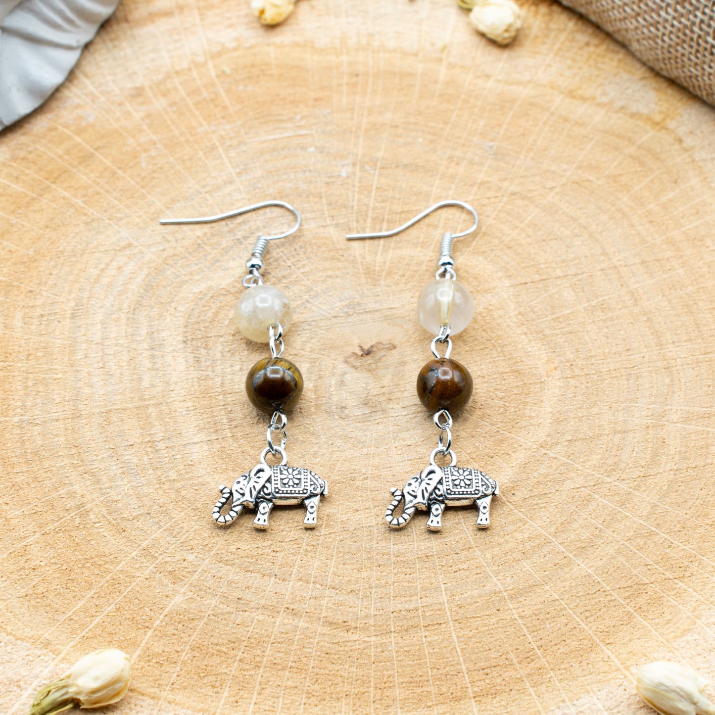 Oeil de Tigre & Quartz Rutile avec Elephant - Boucles d'Oreilles