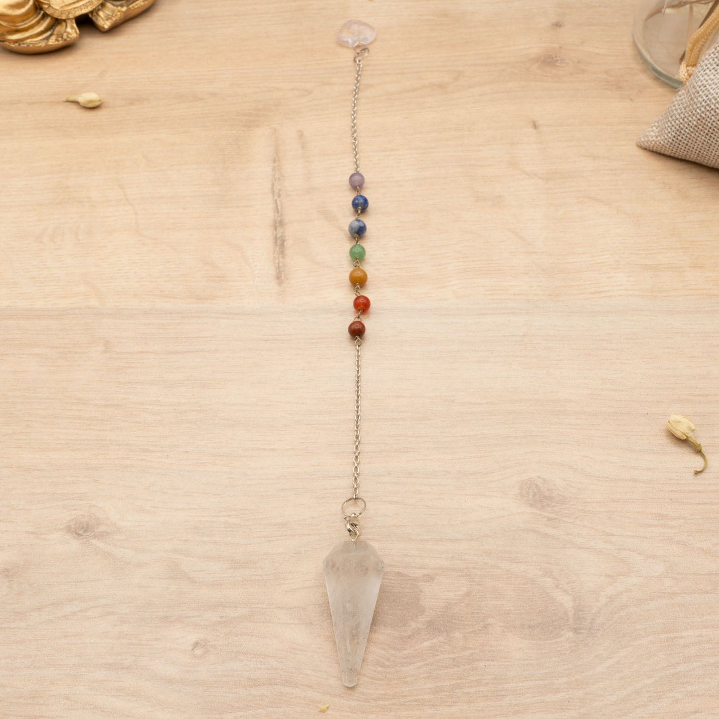 Pendule Cristal de Roche Pointe - 7 Chakras & coeur