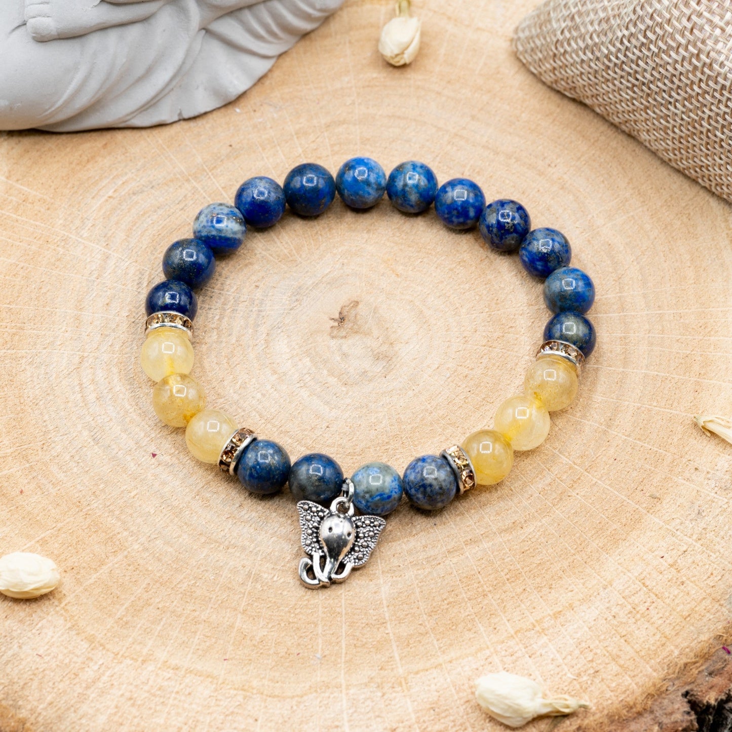 Lapis Lazuli & Quartz Rutile + Ganesh - Bracelet 8mm