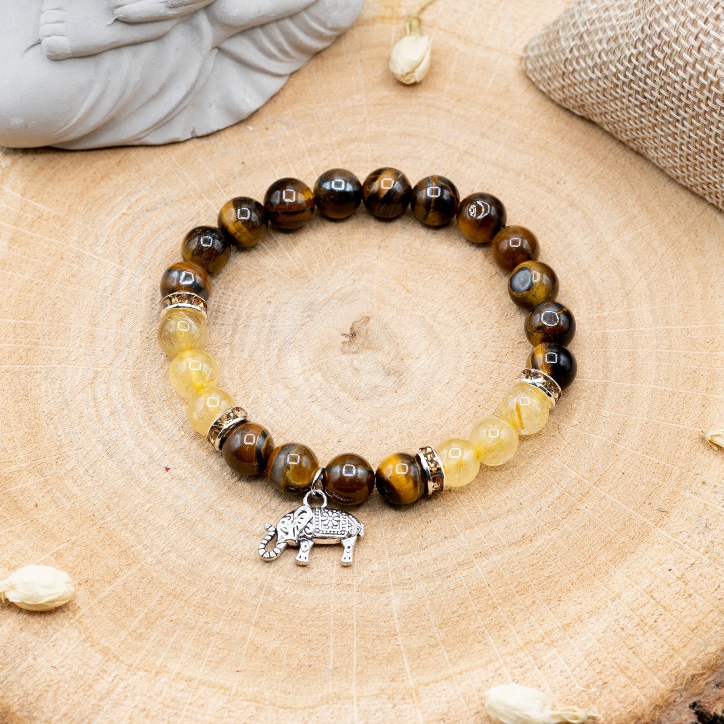 Oeil de Tigre & Quarz Rutile + Elephant - Bracelet 8mm