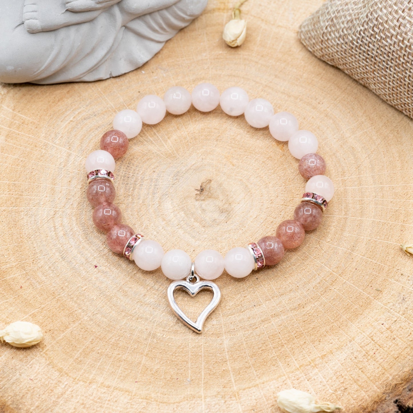 Quartz Rose & Quartz Fraise + Coeur - Bracelet 8mm
