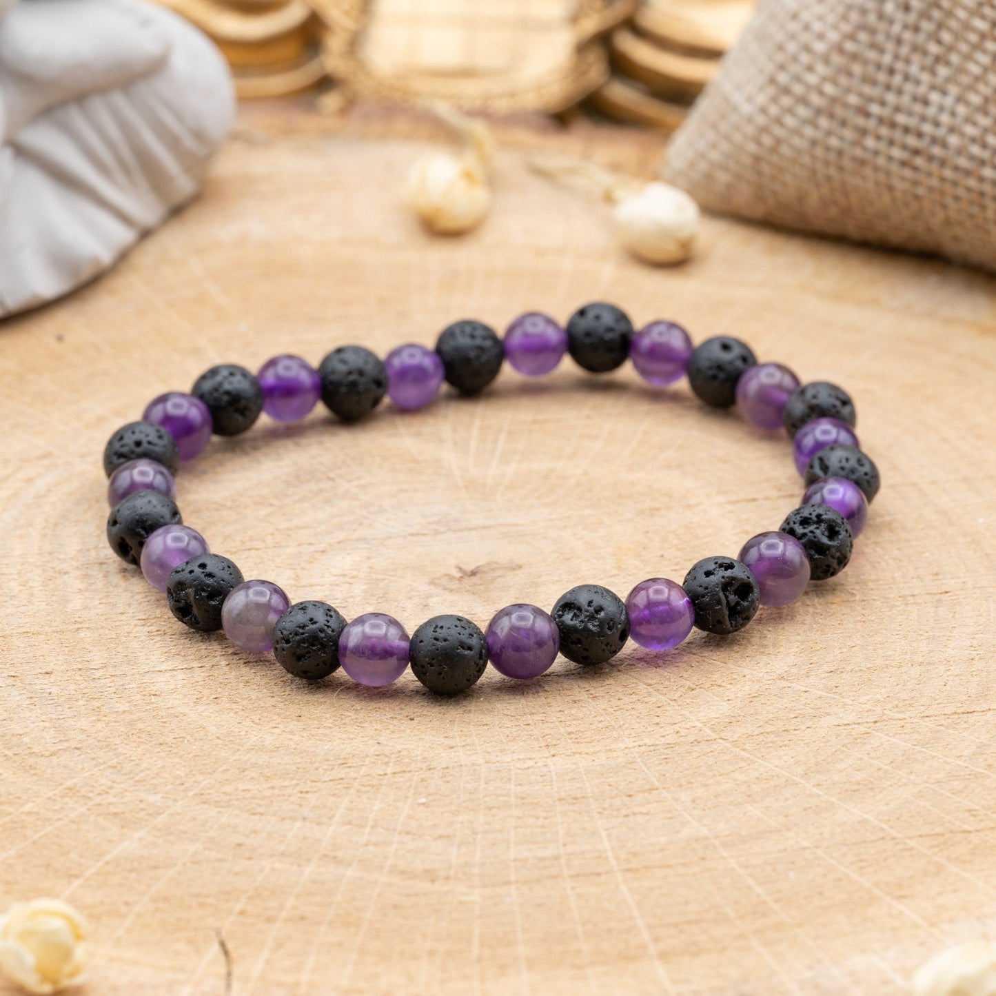 Pierre de Lave et Améthyste - Bracelet 6mm